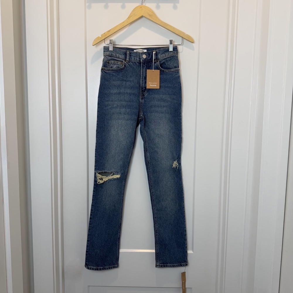 NWT Reformation Liza High Straight Jeans Palermo Destroyed Blue 24 Sustainable‎